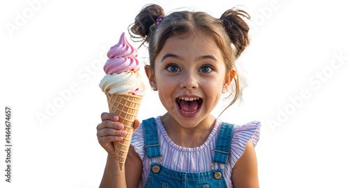 Excited little girl holding an ice cream cone on transparent background
