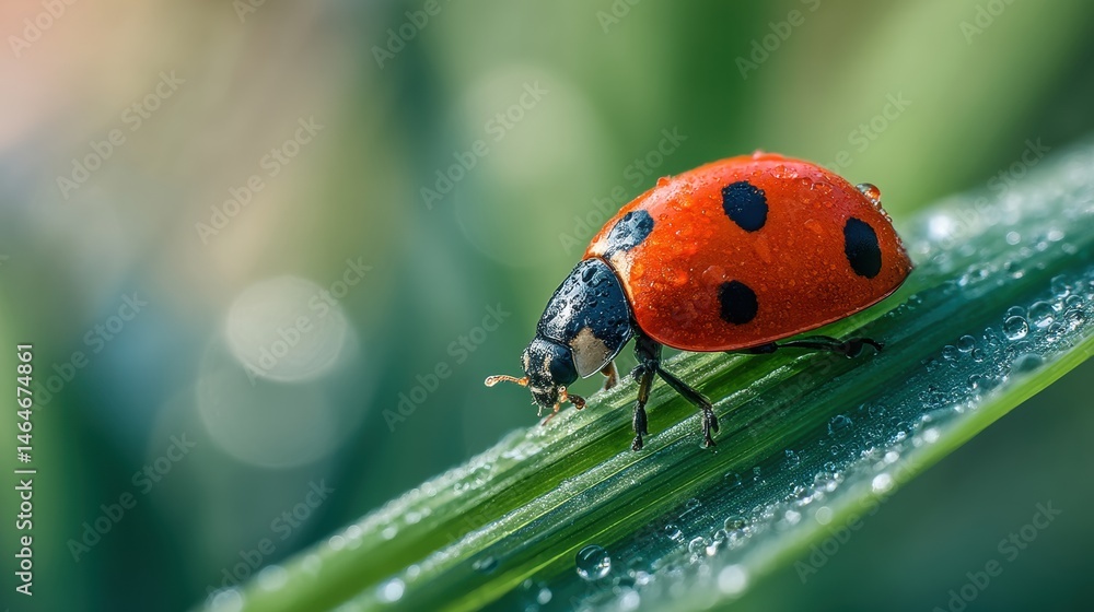 Obraz premium Close-up of Ladybug on Green Leaf with Dew Drops in a Natural Environment