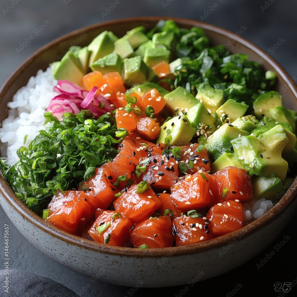 Delicious Poke Bowl with Fresh Ingredients in a Ceramic Bowl Delicious Poke Bowl with Fresh Ingredients in a Ceramic Bowl