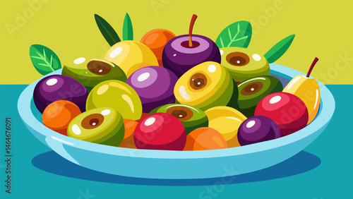 A colorful assortment of marinated olives combining different flavors and textures to create a palatepleasing mix.. Vector illustration