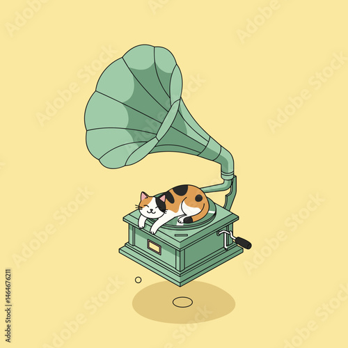 Cute illustration of a sleeping cat resting on a vintage gramophone against a soft yellow background