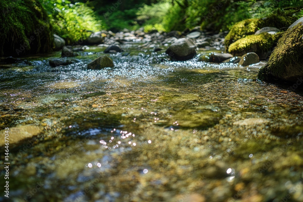 Fototapeta premium Crystal-clear mountain stream, rocks, and foliage. Sunlight dances on water