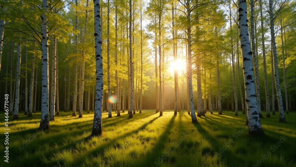 Obraz premium Nature's Serenity: Birch Forest in Golden Light