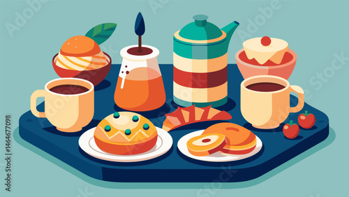 A cozy winter brunch tray featuring warm pastries a selection of jams and spreads and freshly brewed coffee.. Vector illustration