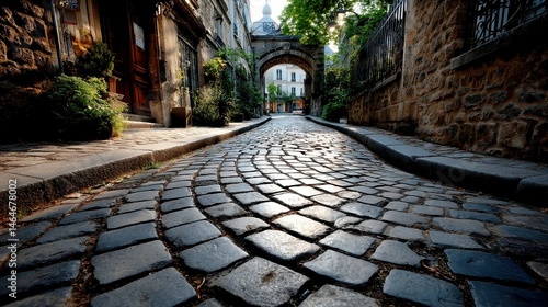 Fototapeta Naklejka Na Ścianę i Meble -  Parisian Cobblestone Elegance, smooth rounded stones create a vintage charm, embodying the artistry of Montmartre, inviting exploration of its historic streets.