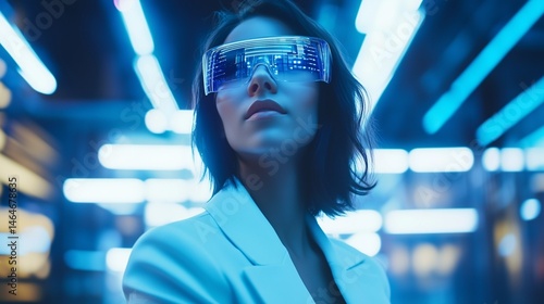 Confident female engineer wearing AR glasses standing in smart factory environment. Modern industrial technology and innovation in future engineering career.
