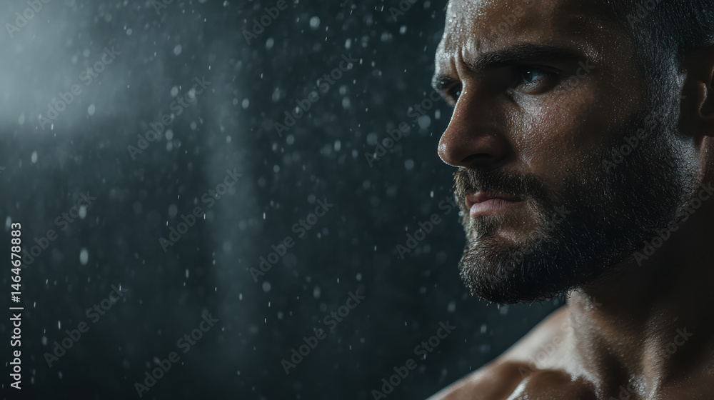 Intense focus of muscular man in rain, showcasing determination and strength Intense focus of muscular man in rain, showcasing determination and strength
