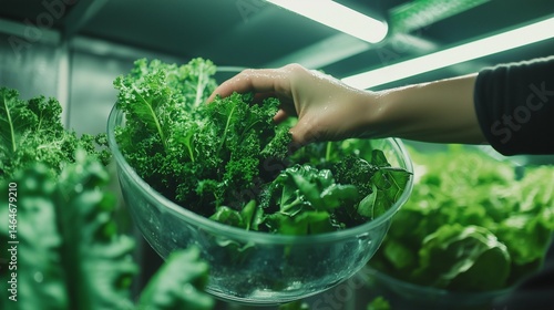 Hands harvesting fresh organic leafy greens in modern urban vertical hydroponic farm under LED glow lights. 