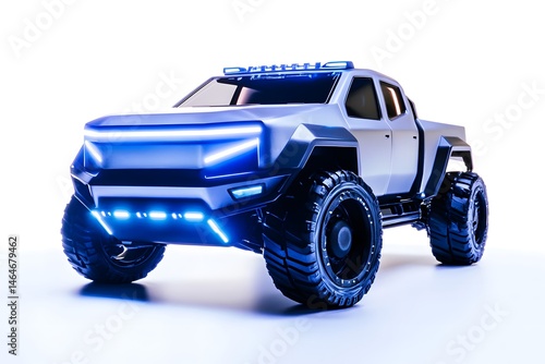 Futuristic silver truck with blue lights on a white background in a studio setting at eye level view