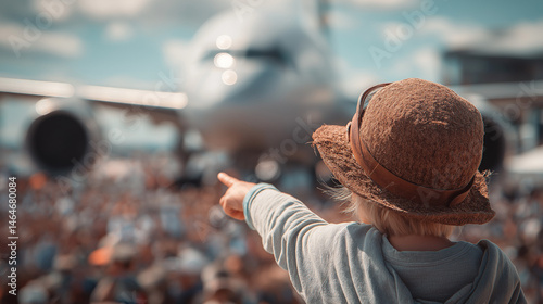 Child Amazed by Jet at Paris Air Show — Aviation Wonder for All Ages