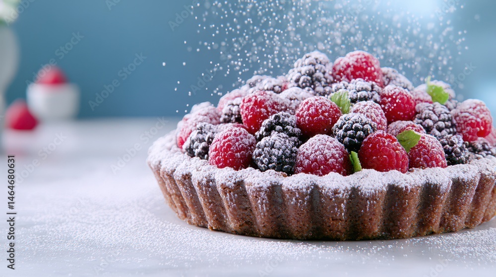 Berry Delight: A picturesque berry tart is dusted with a delicate layer of powdered sugar. Its vibrant red and black berries and green mint leaves is a treat for the eyes.