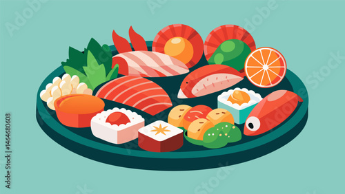 A medley of flavors from the sea showcasing the best of Japanese cuisine on a single platter.. Vector illustration