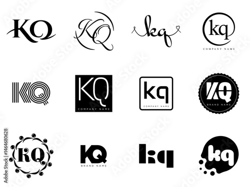 KQ logo company template. Letter k and q logotype. Set different classic serif lettering and modern bold text with design elements. Initial font typography.