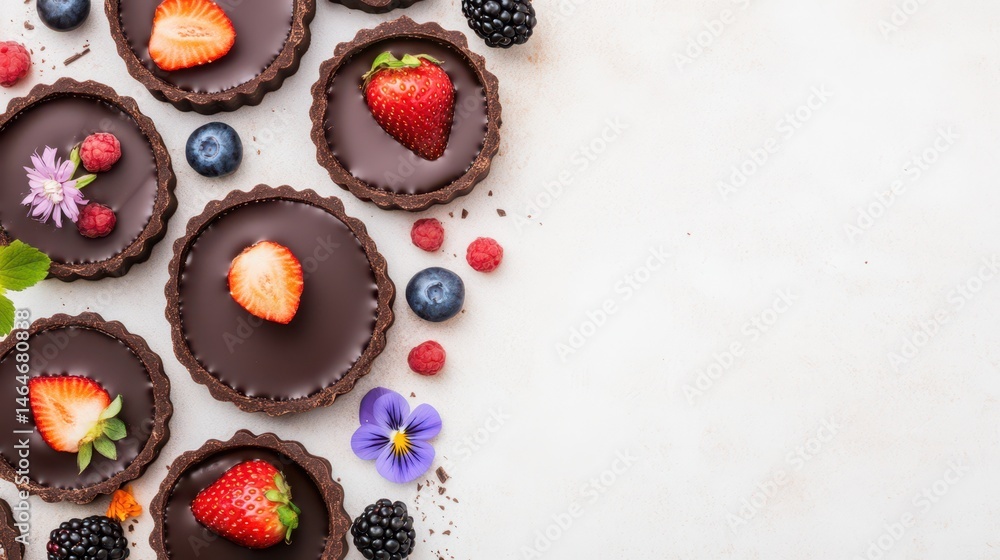 Chocolate Tarts with Berries: Delicious chocolate tarts adorned with fresh strawberries, blueberries, raspberries, and edible flowers. A delectable arrangement perfect for a food blog, magazine.