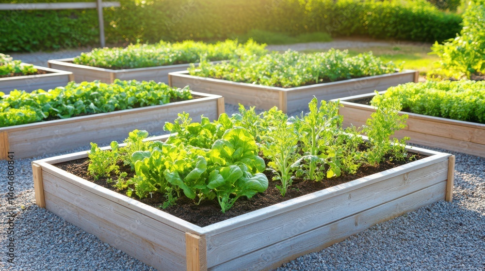 Raised Bed Vegetable Garden: A sunny garden scene features multiple raised garden beds brimming with lush, healthy vegetables. The wooden structures are neatly arranged in a gravel pathway.