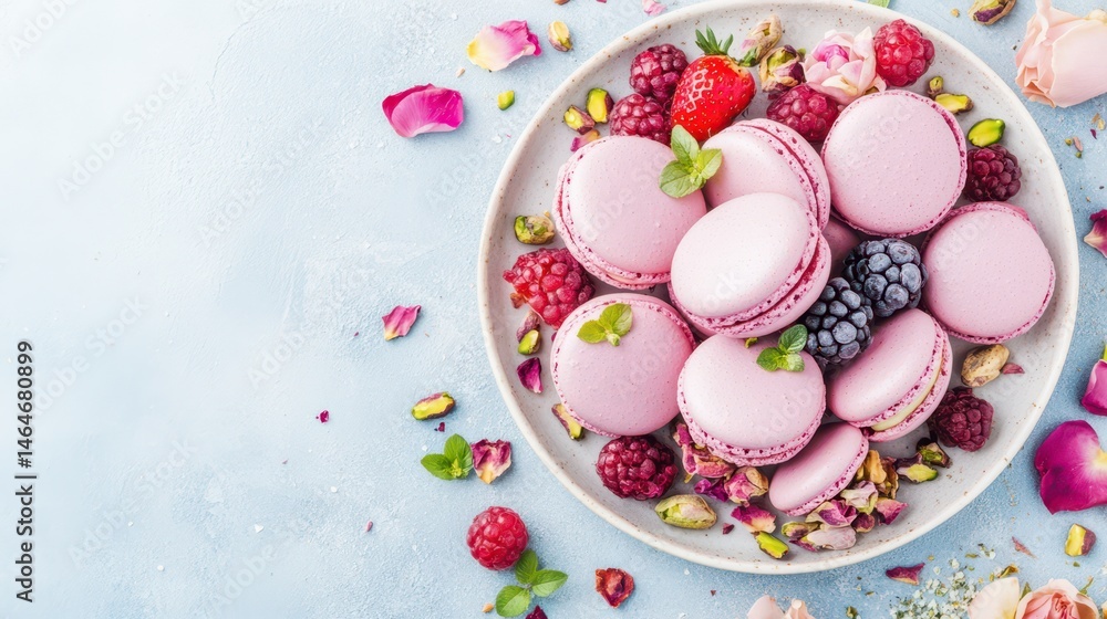 Delightful Macarons: A tantalizing array of pastel pink macarons, nestled alongside fresh berries and delicate flower petals, creates a visually stunning display of edible art.