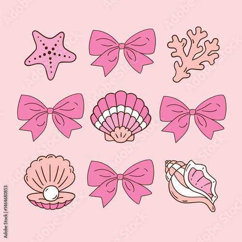 Cute vector seashells and seastars with bow. Hand drawn marine life artwork. Perfect for sticker, tee shirt logo, greeting card, poster or nursery print design. EPS 10 vector file.