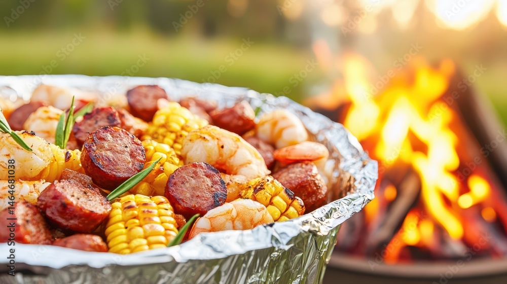 Gathering of Flavors: Sizzling BBQ feast, with shrimp, corn, and sausage prepared over a crackling campfire on a warm afternoon