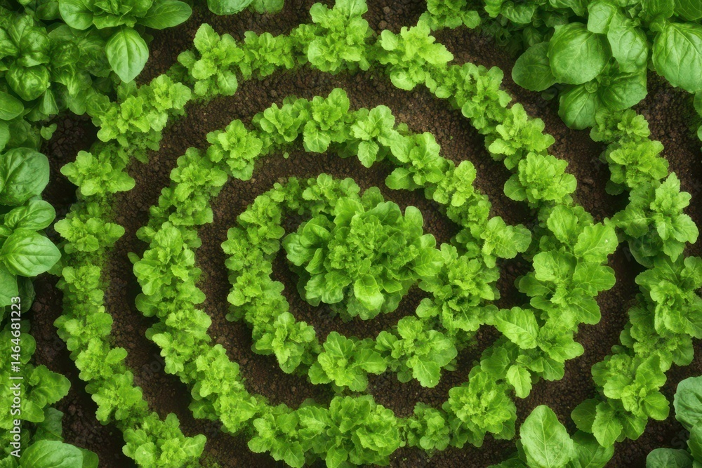 Spiral of Life: A bird's-eye view showcases a meticulously arranged spiral garden bed filled with vibrant, lush, green plants, a testament to nature's beauty and the art of cultivation.
