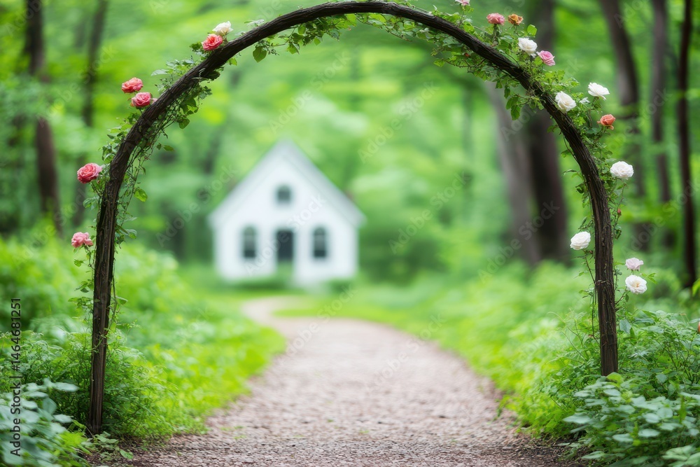Pathway to Tranquility: A picturesque scene of an arched pathway adorned with roses, leading towards a charming cottage amidst lush greenery, evoking feelings of peace and serenity.