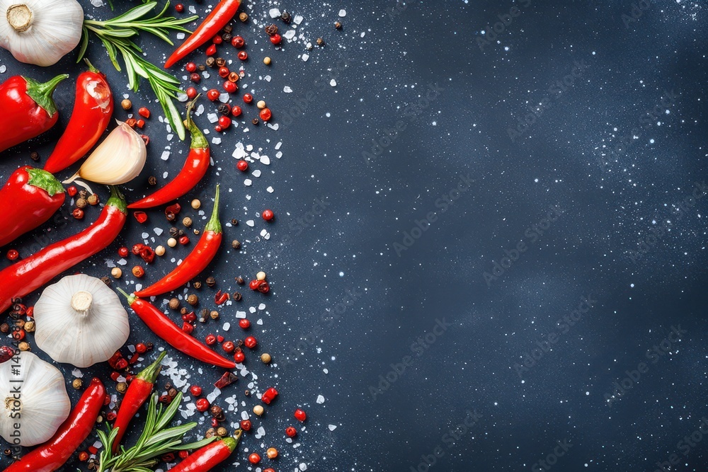 Spice Symphony: A vibrant tableau of fresh red chilies, aromatic garlic, and fragrant rosemary, complemented by a scattering of peppercorns and salt crystals, artfully arranged on a dark.