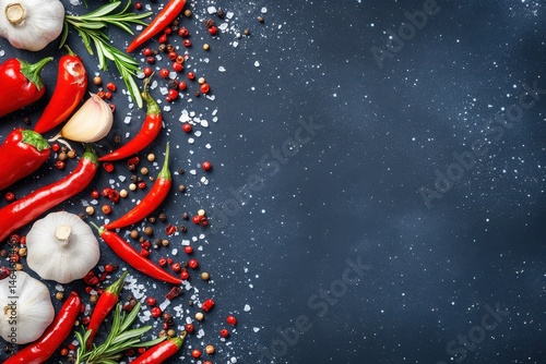 Obraz na płótnie Spice Symphony: A vibrant tableau of fresh red chilies, aromatic garlic, and fragrant rosemary, complemented by a scattering of peppercorns and salt crystals, artfully arranged on a dark. w salonie
