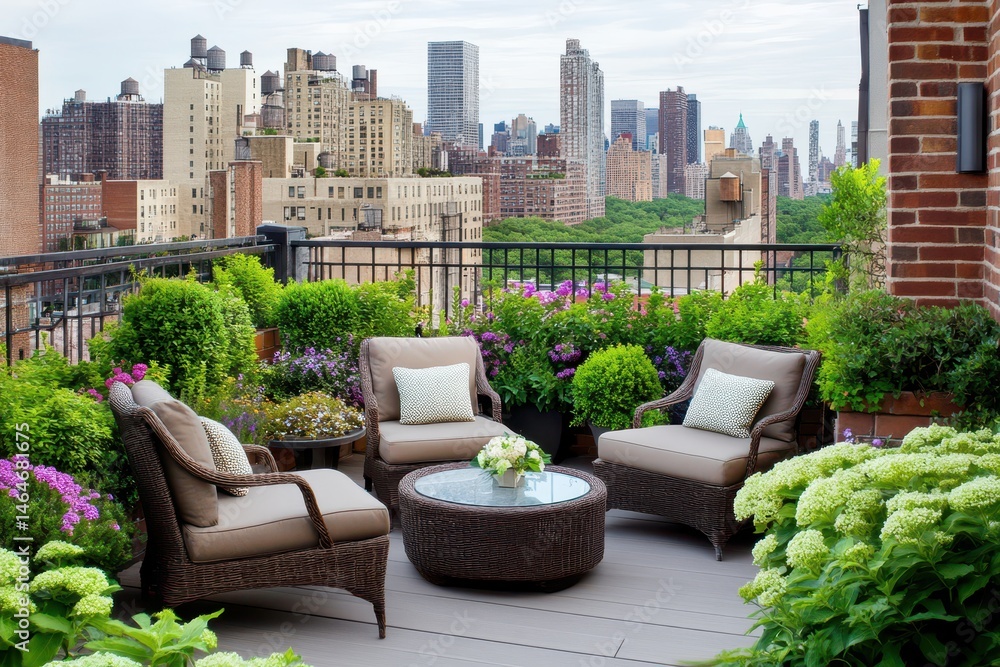 Urban Oasis: A tranquil urban oasis rooftop garden terrace, showcasing lush greenery and vibrant flowers.