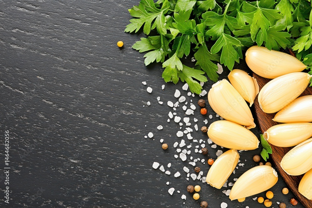 Culinary Symphony: Unveiling an exquisite still life, presenting a harmonious blend of garlic, parsley, salt, and pepper, artfully arranged on a sleek, dark surface.