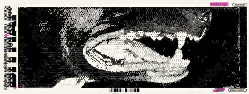 Exploration of digital art in retro pixel style showcasing a fierce lion's mouth in a monochromatic palette inspired by dadaism