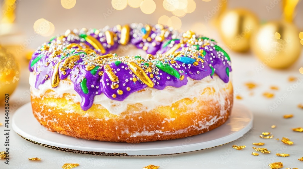 Festive Donut Delights: Capturing the essence of celebration, a close-up shot showcases a vibrantly decorated donut, adorned with an array of colorful sprinkles and a creamy glaze.