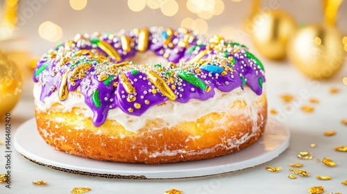 Obraz na płótnie Festive Donut Delights: Capturing the essence of celebration, a close-up shot showcases a vibrantly decorated donut, adorned with an array of colorful sprinkles and a creamy glaze. w salonie