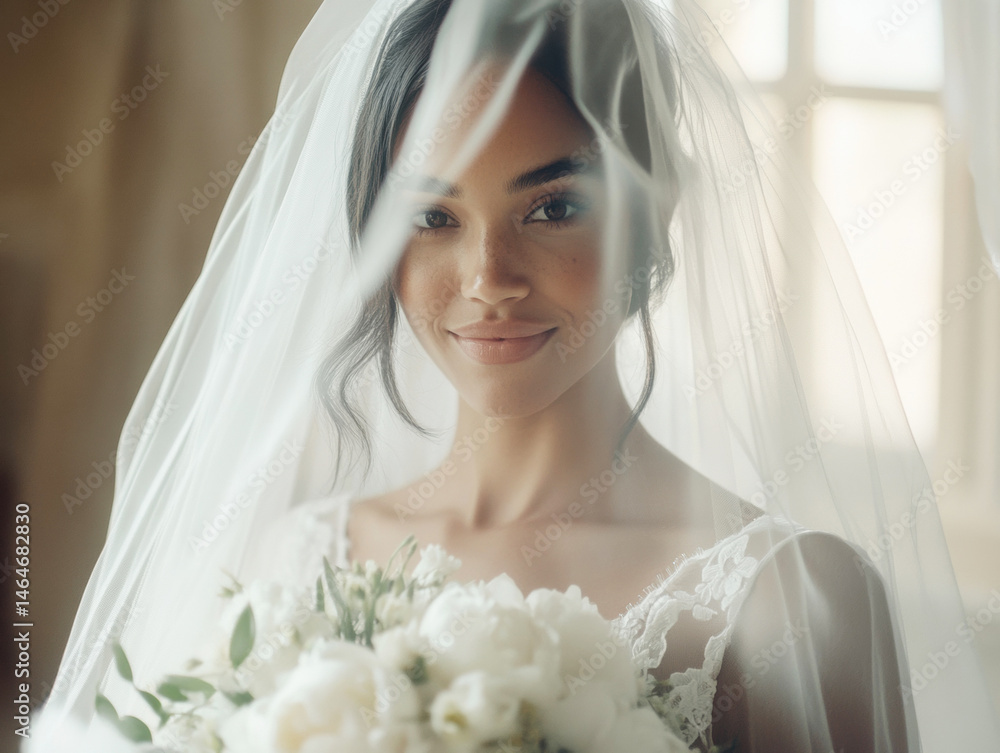 Naklejka premium Elegant bride with bouquet and veil in a soft-lit venue before ceremony