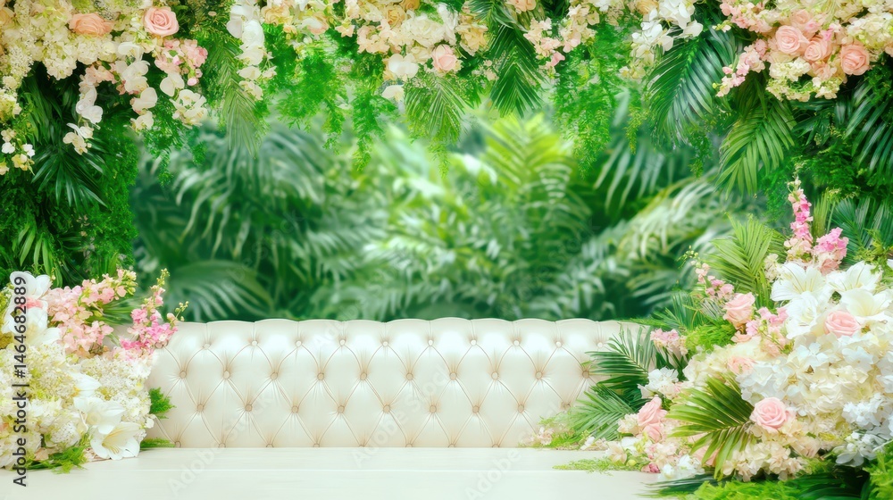 Blooming Sanctuary: A captivating scene of opulence, a plush, tufted loveseat amidst a lavish floral arrangement. A tranquil oasis in a stunning interior display.