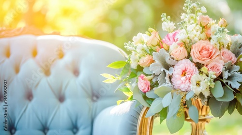 Floral Display: A meticulously curated bouquet of vibrant flowers exudes elegance, accenting a luxurious armchair and drawing the gaze with its warm, sunlight-kissed display. 