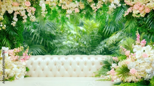 Blooming Sanctuary: A captivating scene of opulence, a plush, tufted loveseat amidst a lavish floral arrangement. A tranquil oasis in a stunning interior display.