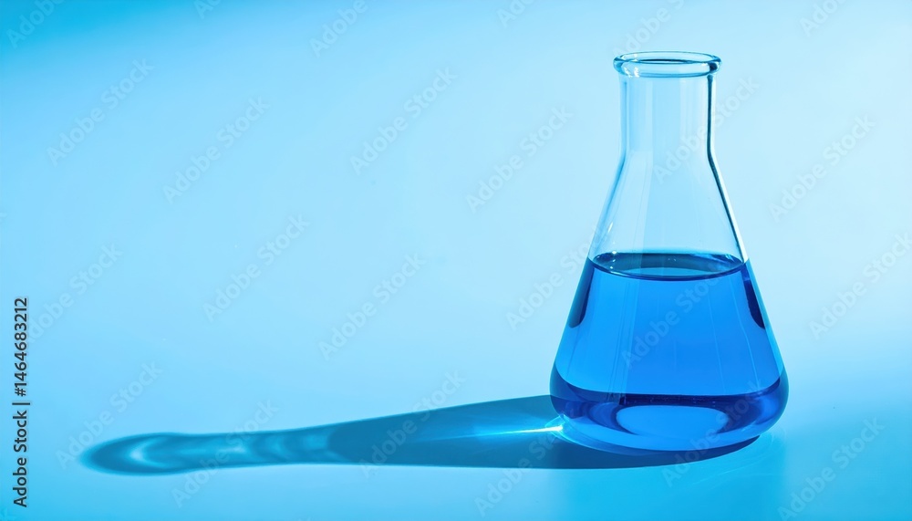 A Glass Erlenmeyer Flask Filled with Bright Blue Liquid Casts a Shadow on a Light Blue Background A Glass Erlenmeyer Flask Filled with Bright Blue Liquid Casts a Shadow on a Light Blue Background