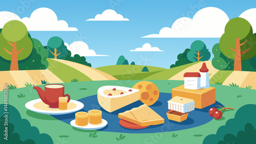 A picnicstyle cheese tasting in a picturesque park with a variety of new and classic cheeses to discover is a lovely way to spend a lazy afternoon.. Vector illustration
