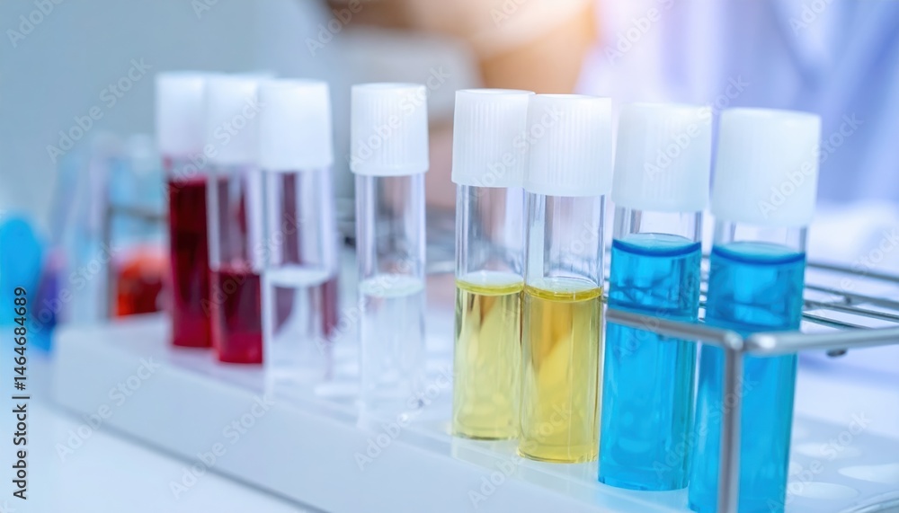 Medical Test Tubes Rack with Colorful Liquids Samples for Science Research in Laboratory Medical Test Tubes Rack with Colorful Liquids Samples for Science Research in Laboratory
