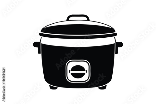 Simple black rice cooker silhouette features a lid, handles, and centered power button on transparent background