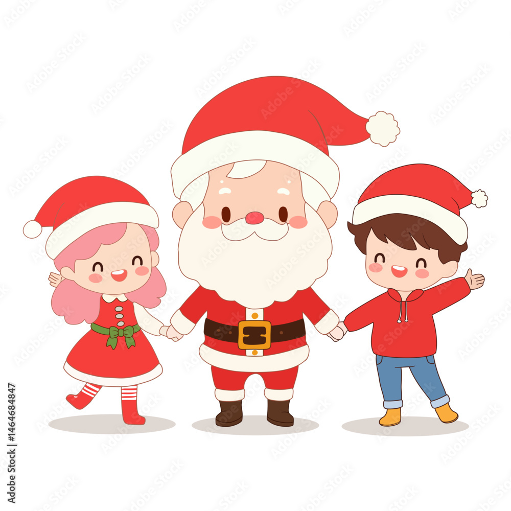 Cute cartoon Santa Claus holding hands with happy children in festive Christmas costumes. Adorable holiday illustration in flat style for kids and seasonal decorations. Cute cartoon Santa Claus holding hands with happy children in festive Christmas costumes. Adorable holiday illustration in flat style for kids and seasonal decorations.