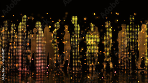 digital human figures made of particles and light trails, abstract technology background with glowing data visualization, virtual identity and network connection concept in neon gradient style