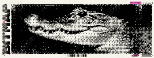 A striking representation of a crocodile crafted in a unique bitmap style. The artwork combines elements of dada and pixel art, channeling y2k vibes with a playful contrast of monochromatic tones.
