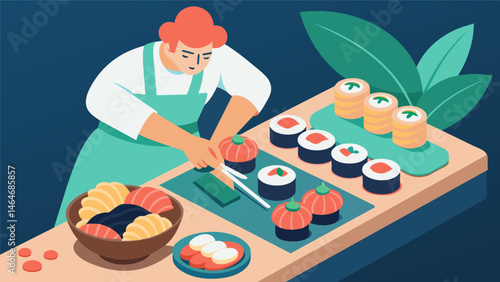 A person ting and arranging bitesized portions of sushi as well as adding decorative garnishes like pickled ginger and wasabi.. Vector illustration