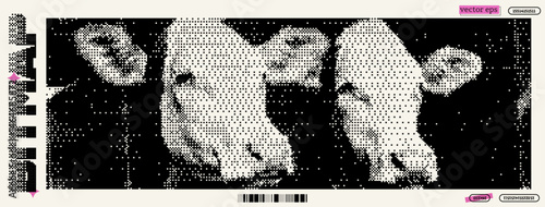 This artistic work features cows rendered in a unique pixelated style, drawing inspiration from dadaism and y2k aesthetics. The composition emphasizes digital manipulation and creative expression.
