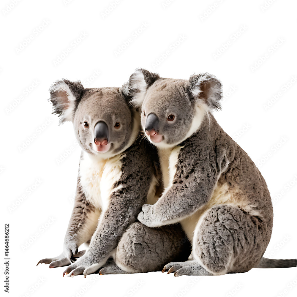 This captivating image showcases two young koalas snuggled close together against a striking transparent backdrop. This captivating image showcases two young koalas snuggled close together against a striking transparent backdrop.