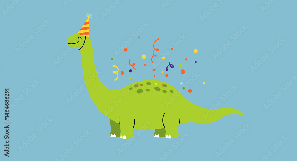 Naklejka premium Cheerful cartoon dinosaur wearing a party hat with colorful confetti celebrating against a light blue background 