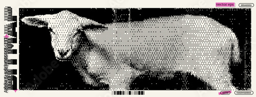 A sheep is creatively illustrated using pixel art techniques, embodying a fusion of dadaism and y2k styles.