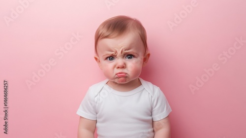 A baby with a scowling face wearing a white shirt against a light pink colored background portrait