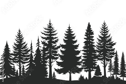 Vector illustration of trees and forest silhouette. Nature scene silhouette. Forest landscape vector illustration. Outdoor and hiking concept