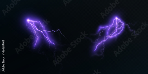 Purple electrical lightning discharges with bright glow on dark background. Vector